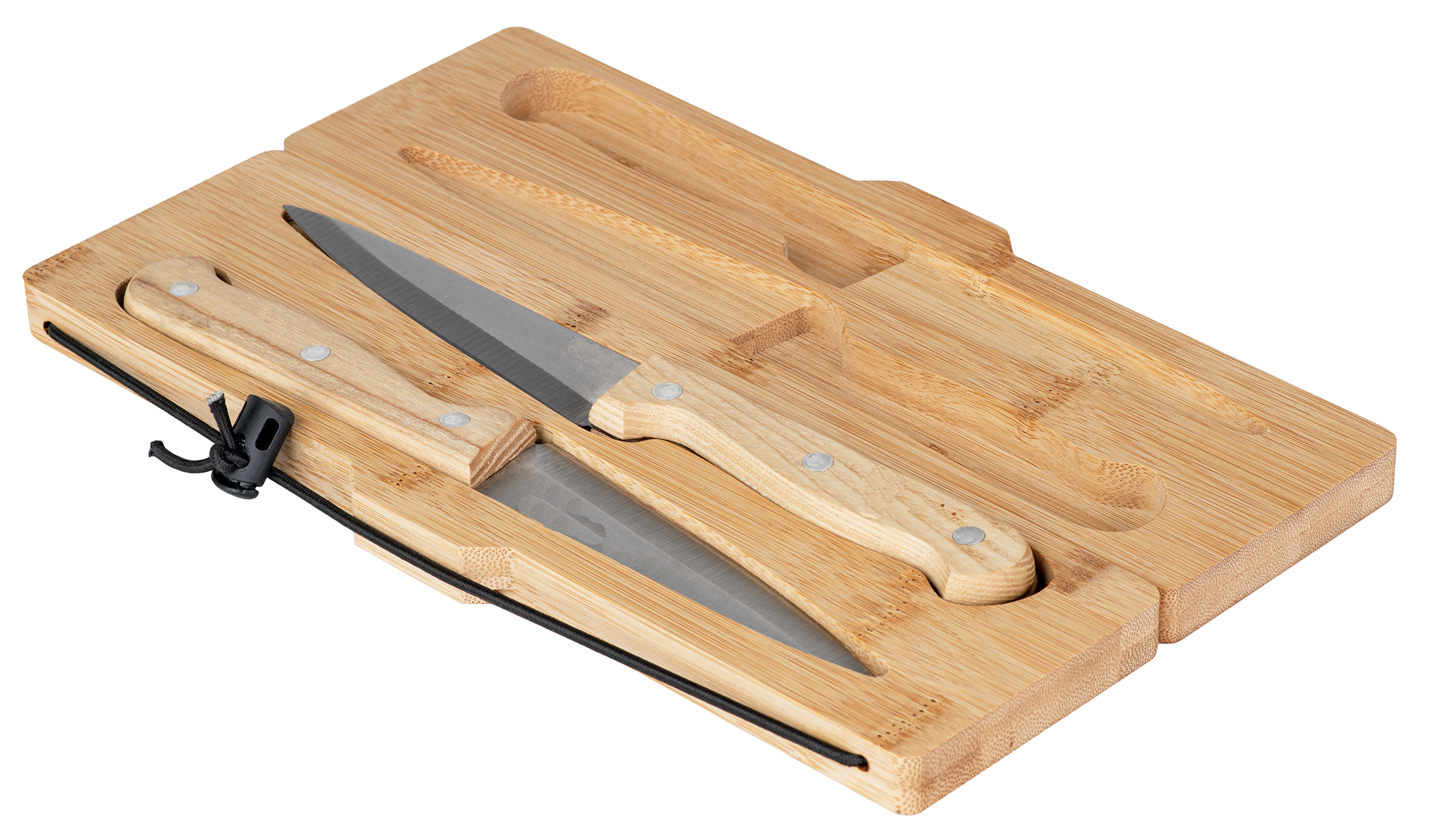 Klappbares Outdoor Camping-Schneidebrett aus Bambus inkl. 2 integrierter Edelstahl-Messer