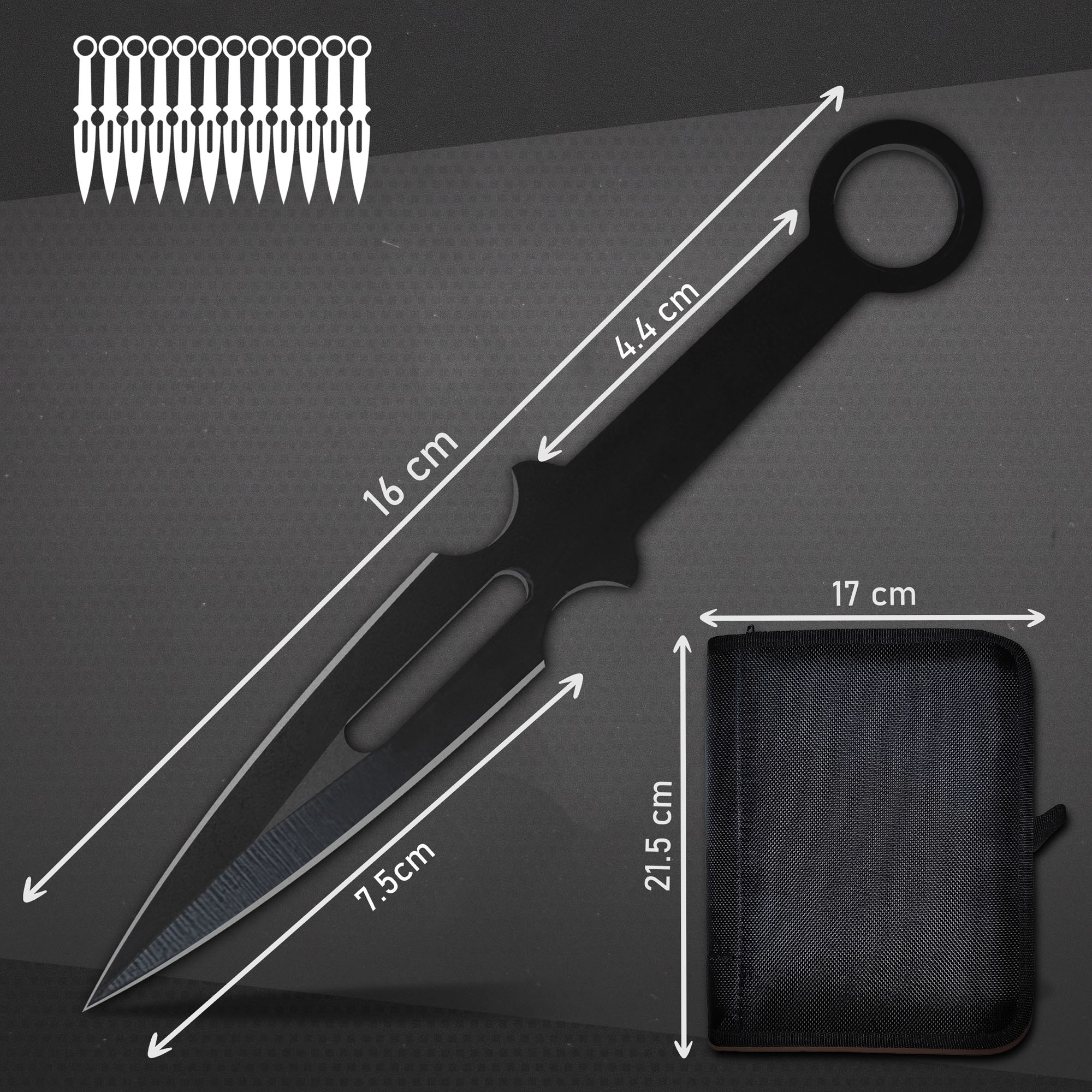 12 Schwarze Wurfmesser mit Scheide, Edelstahl-Kunai