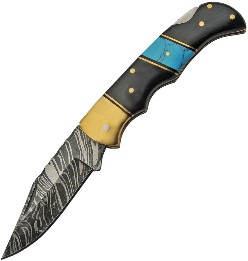 Damascus Knife, Lockback Horn/Turquoise