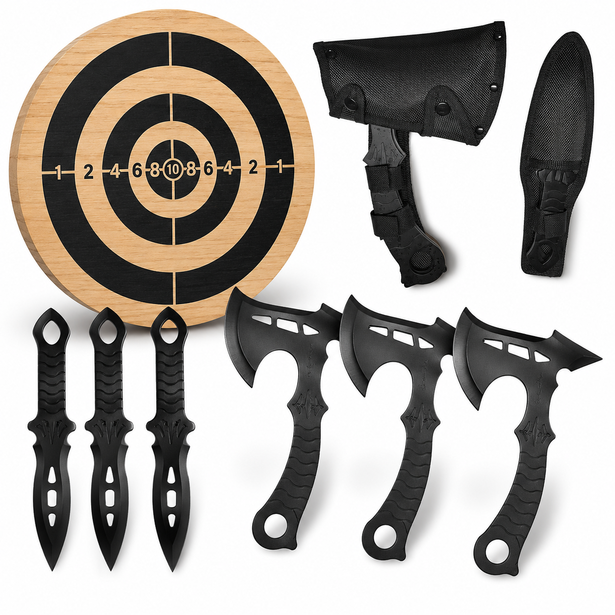 Throwing Set with Wooden Target – 3 Throwing Knives & 3 Throwing Axes