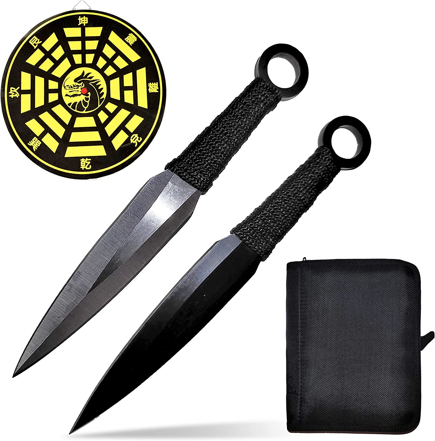 12 black and silver throwing knives with target