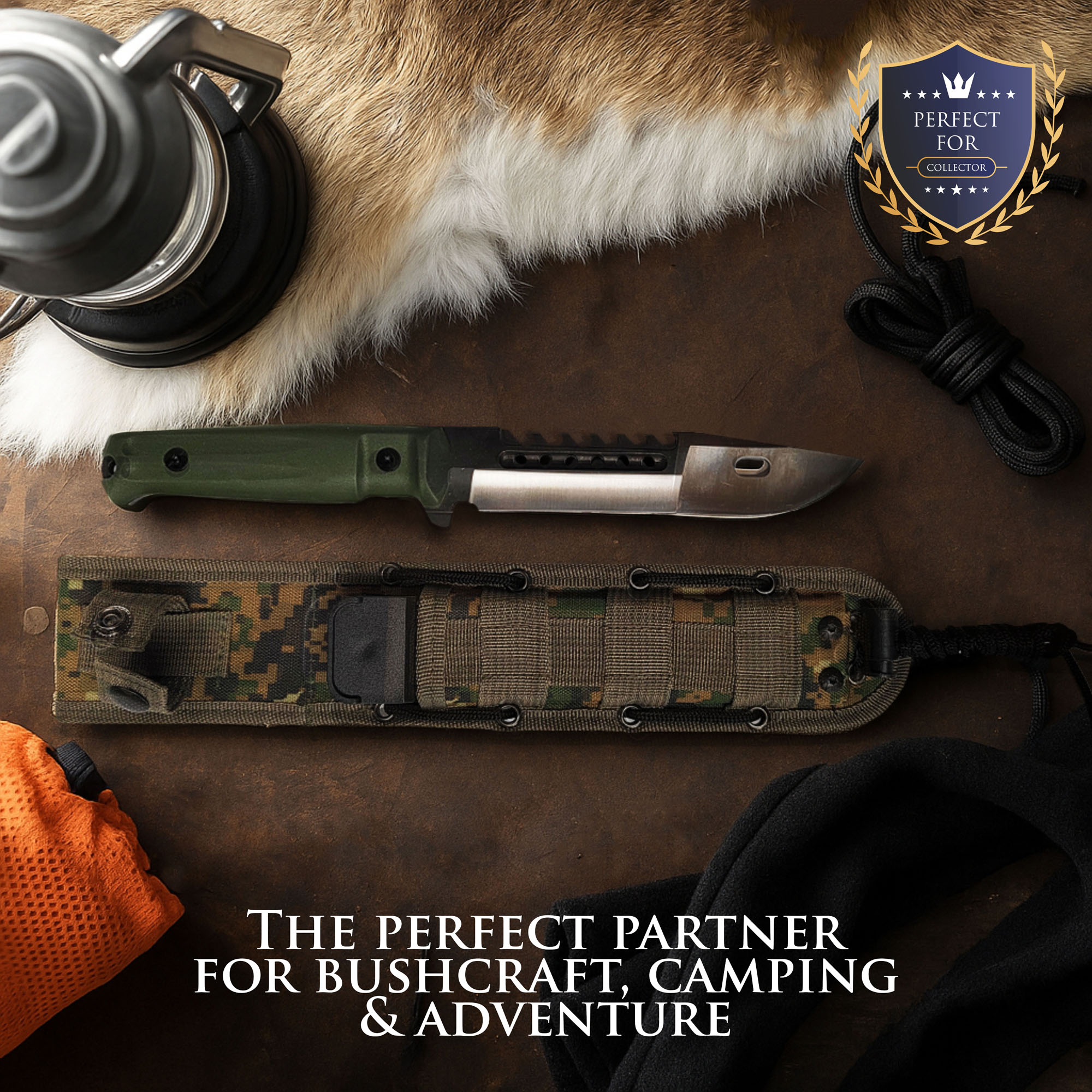 Jagdmesser mit Sägerücken und Scheide