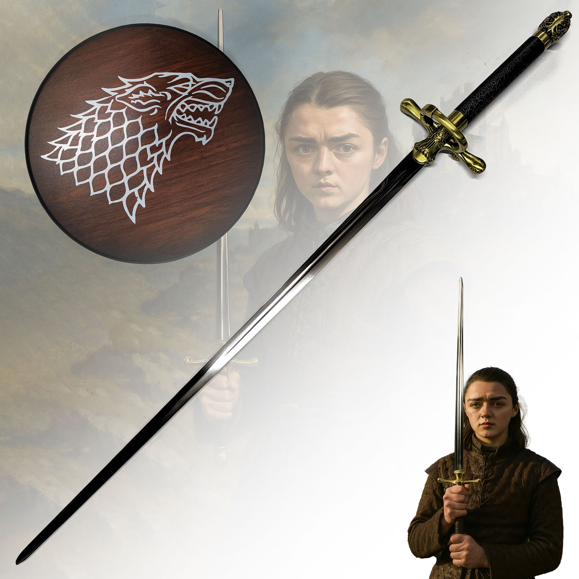 Aryas Schwert "Nadel" (Needle) Replik – Game of Thrones Sammlerstück mit Wolf-Wandhalter