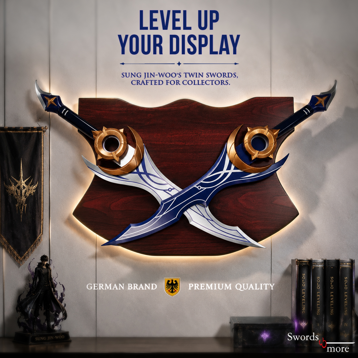 Solo Leveling: Sung Jin-Woo Zwillings-Schwerter Set (70cm) – Inkl. Wanddisplay