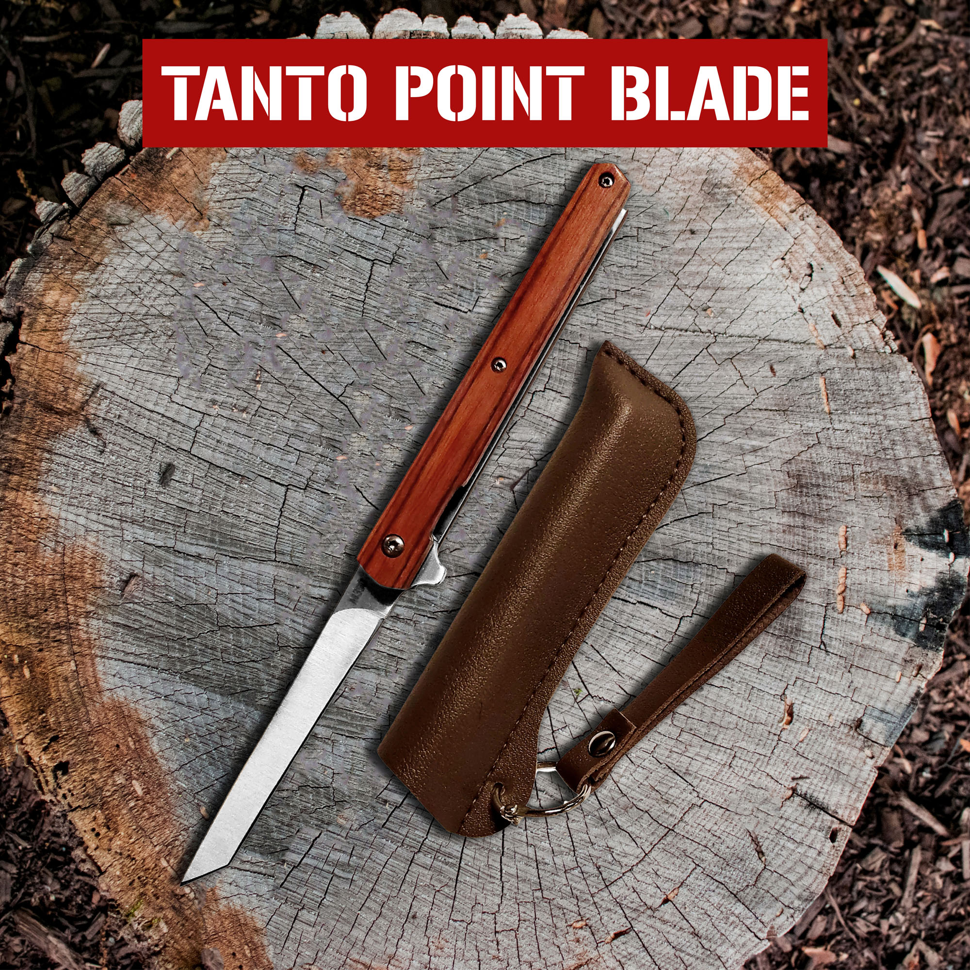 Outdoor folding knife liner lock, tanto point blade, brown wooden