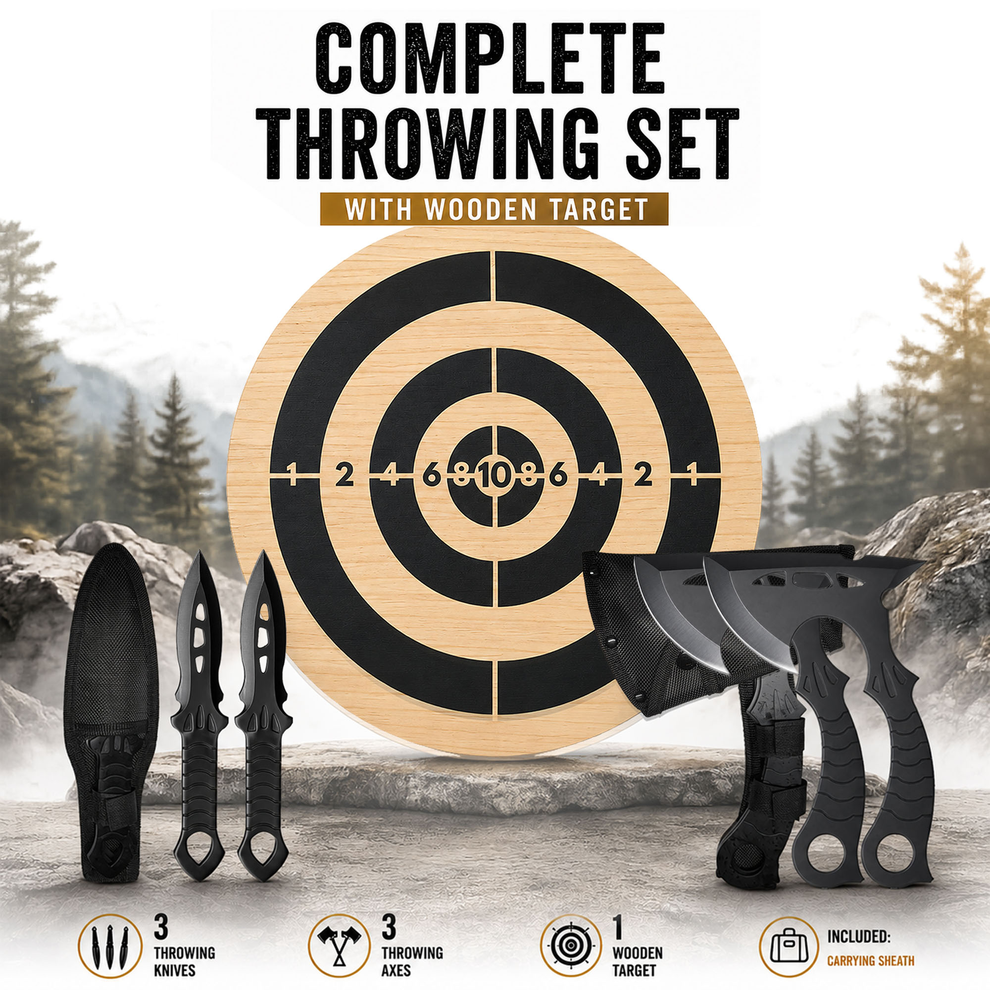 Throwing Set with Wooden Target – 3 Throwing Knives & 3 Throwing Axes