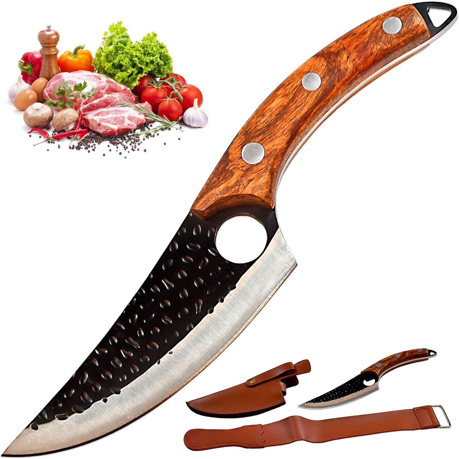 Serbian Butcher Knife, Meat Cleaver Boning Knife, Forged Serbian Chef Knife with Sheath and Belt Leather Strop for Vegetable