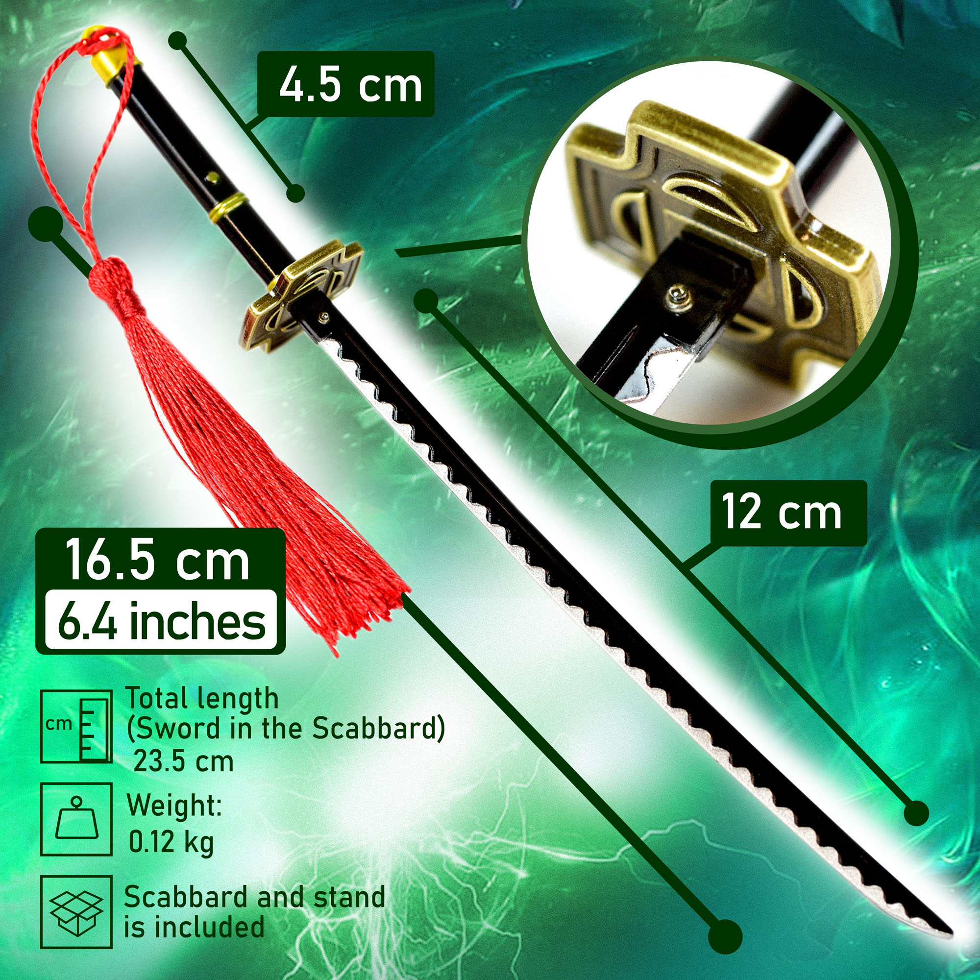 One Piece  - Roronoa Zoro Yubashiri Schwert, schwarz - Brieföffnerversion mit Ständer