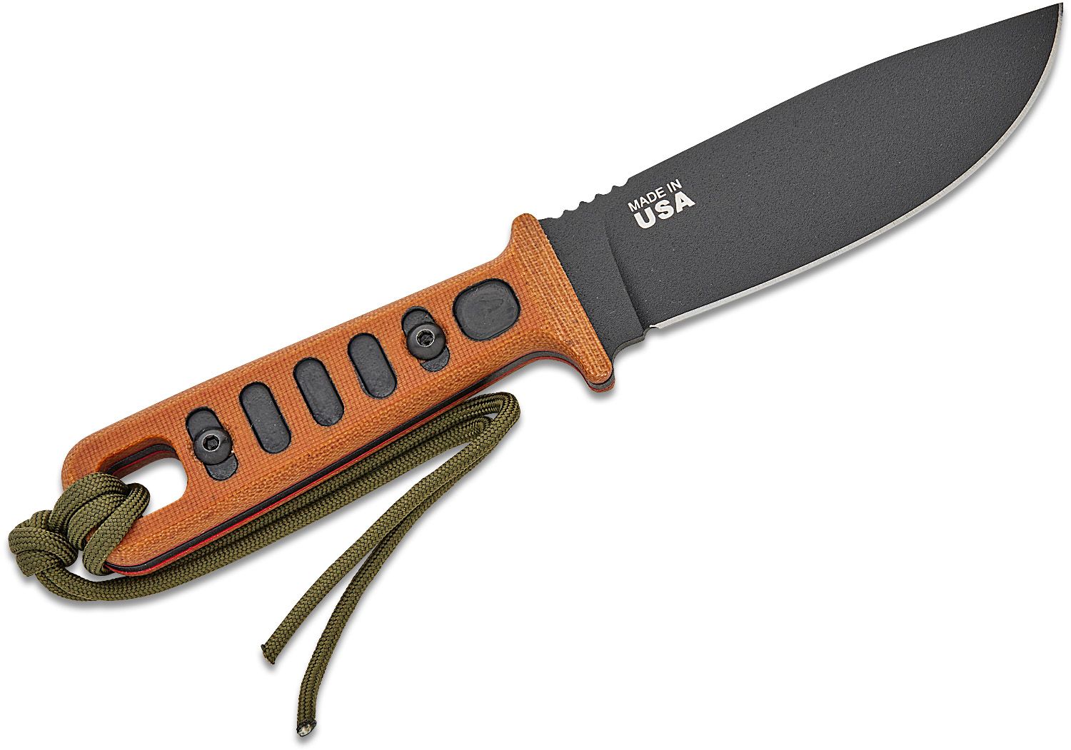 Lite Trekker, 1095er Klinge, Griffe aus hellbraunem Canvas-Micarta mit schwarzen Einlagen