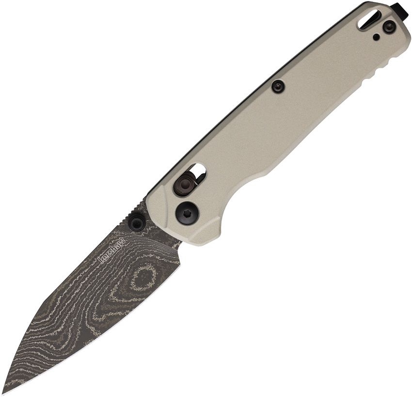 Bel Air, Damast Drop-Point-Klinge, Griff aus hellem Nickel-Cerakote-Aluminium