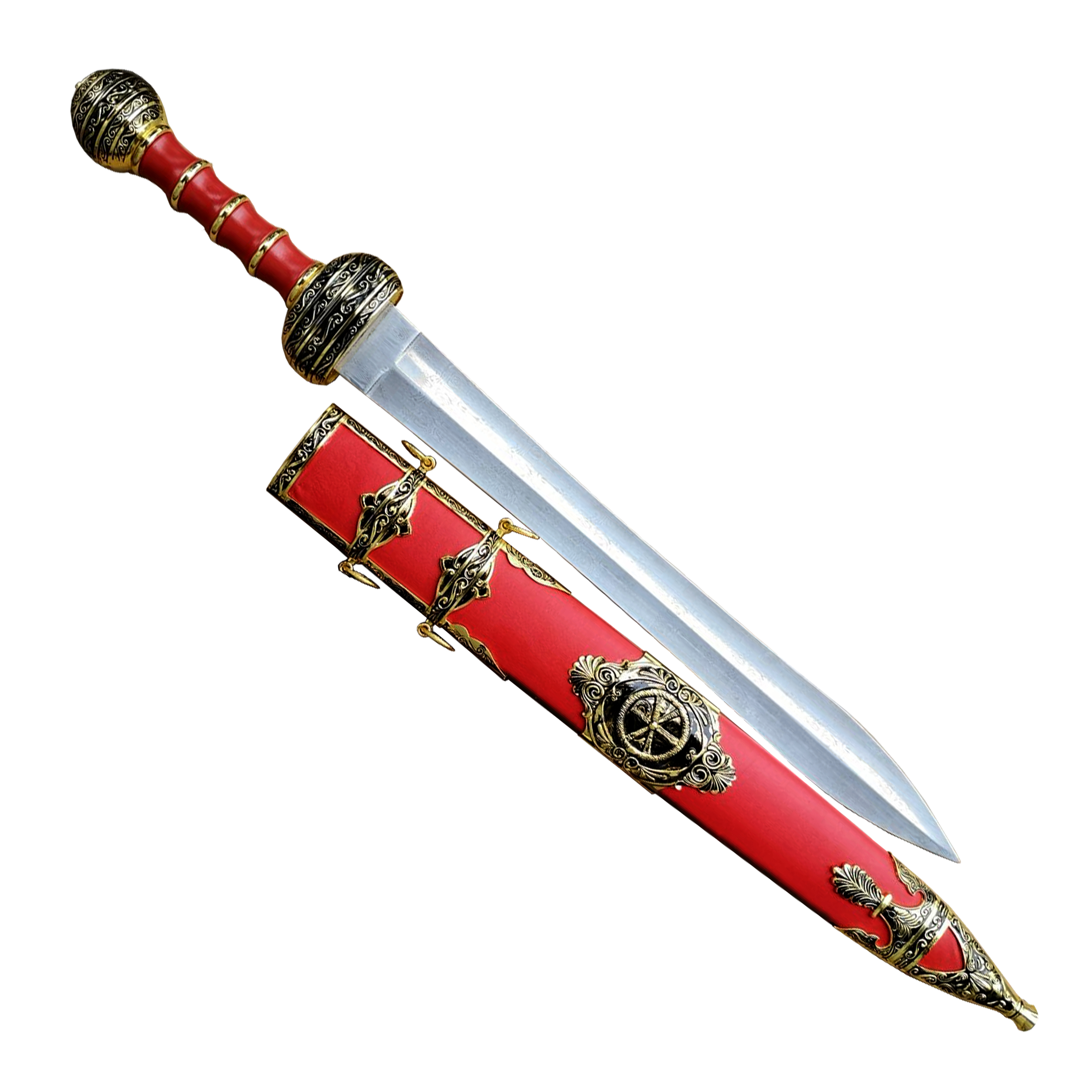 Rotes Römsches Gladius Schwert mit Scheide