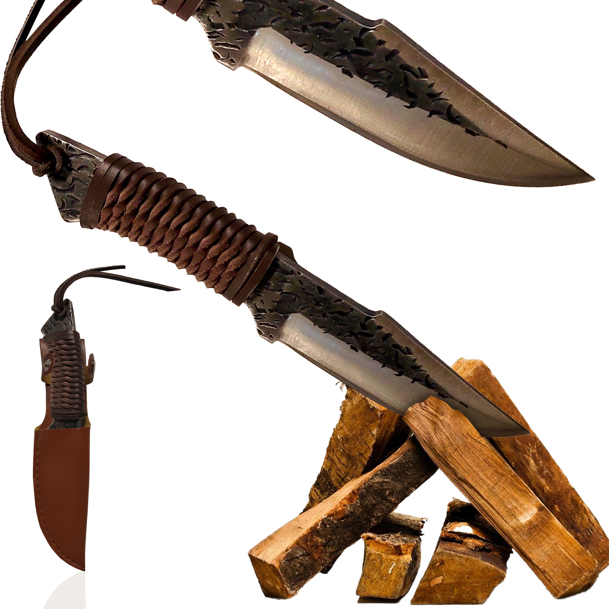 Handgeschmiedetes Jagdmesser im keltischen Stil mit Lederscheide