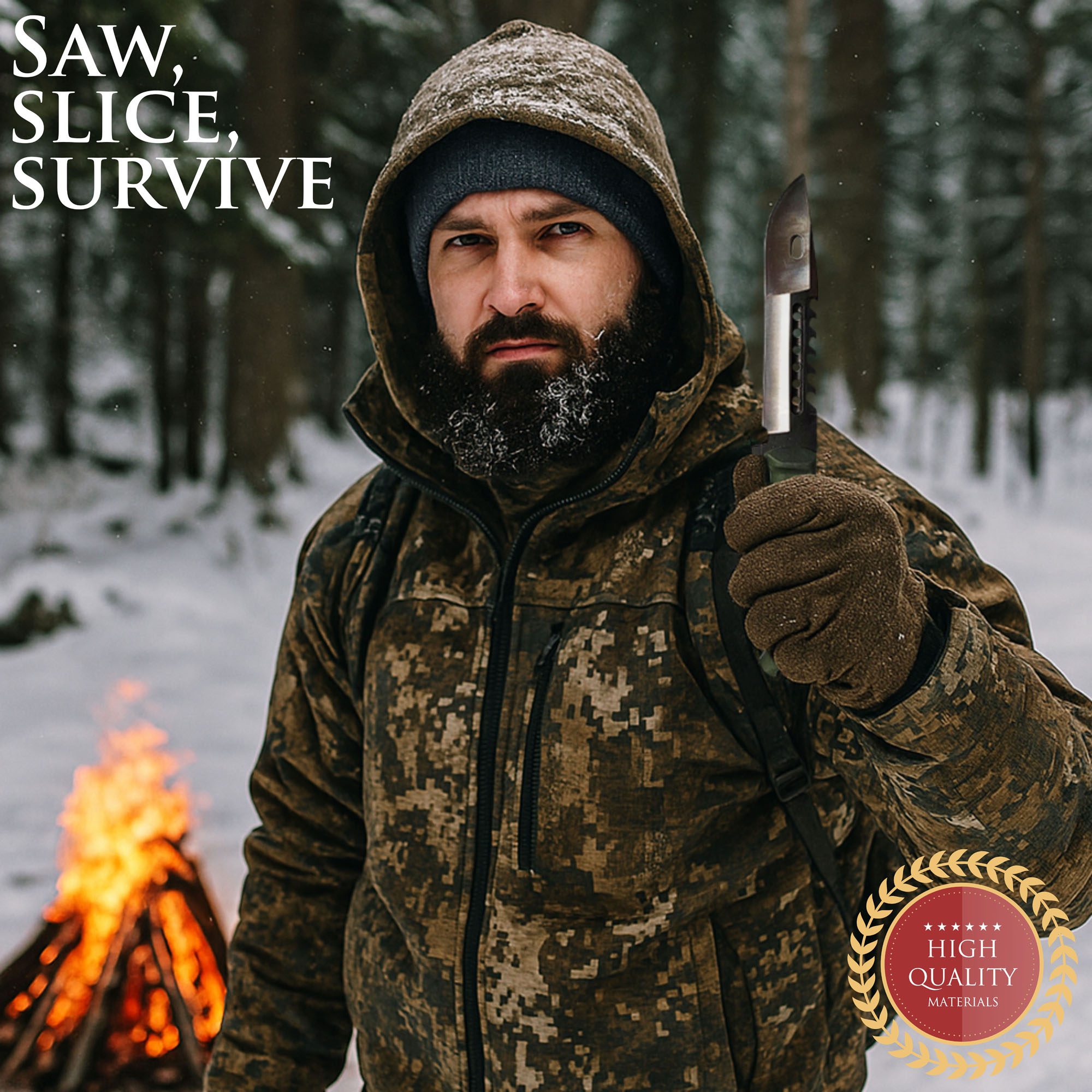 Jagdmesser mit Sägerücken und Scheide