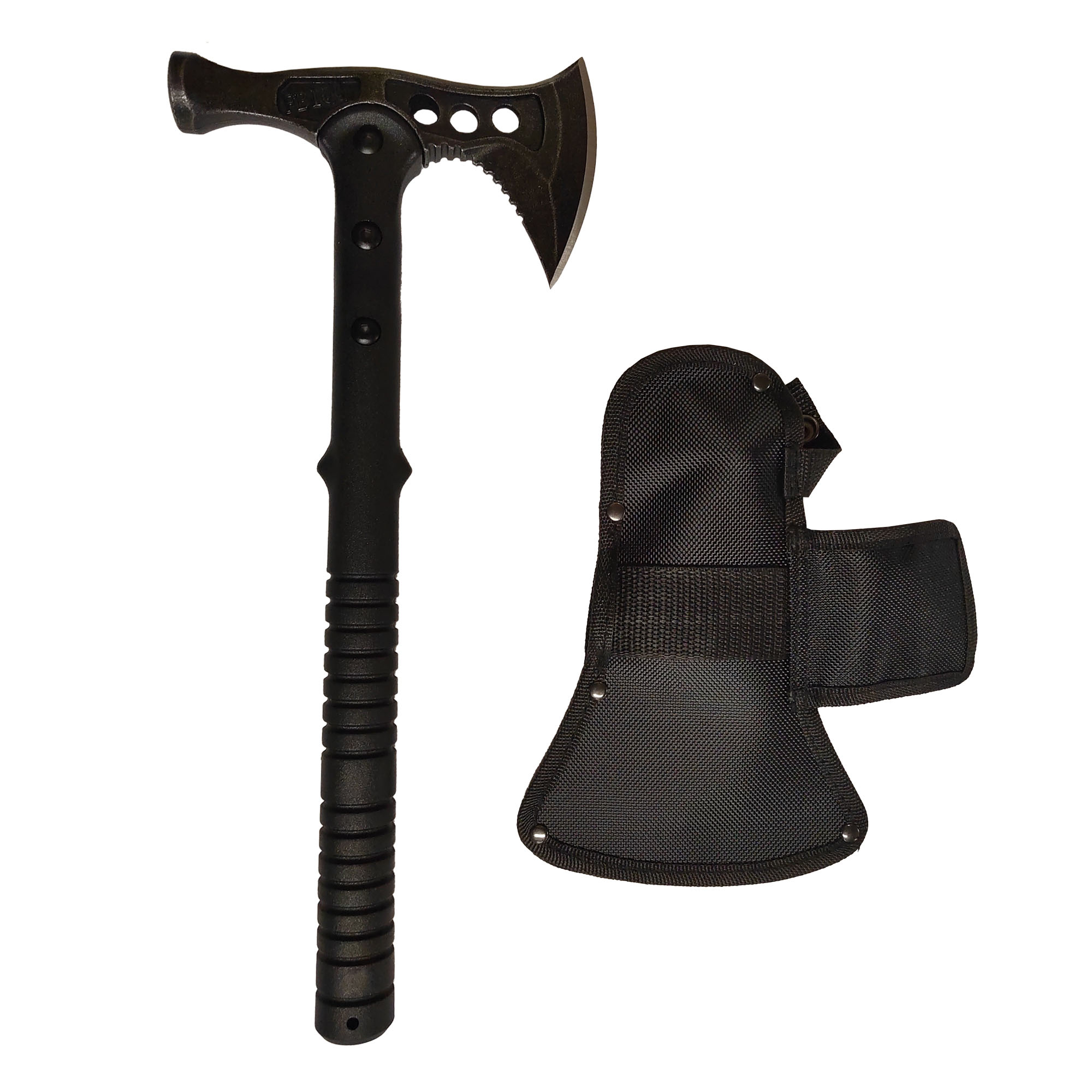 Outdoor axe with hammer head and scabbard