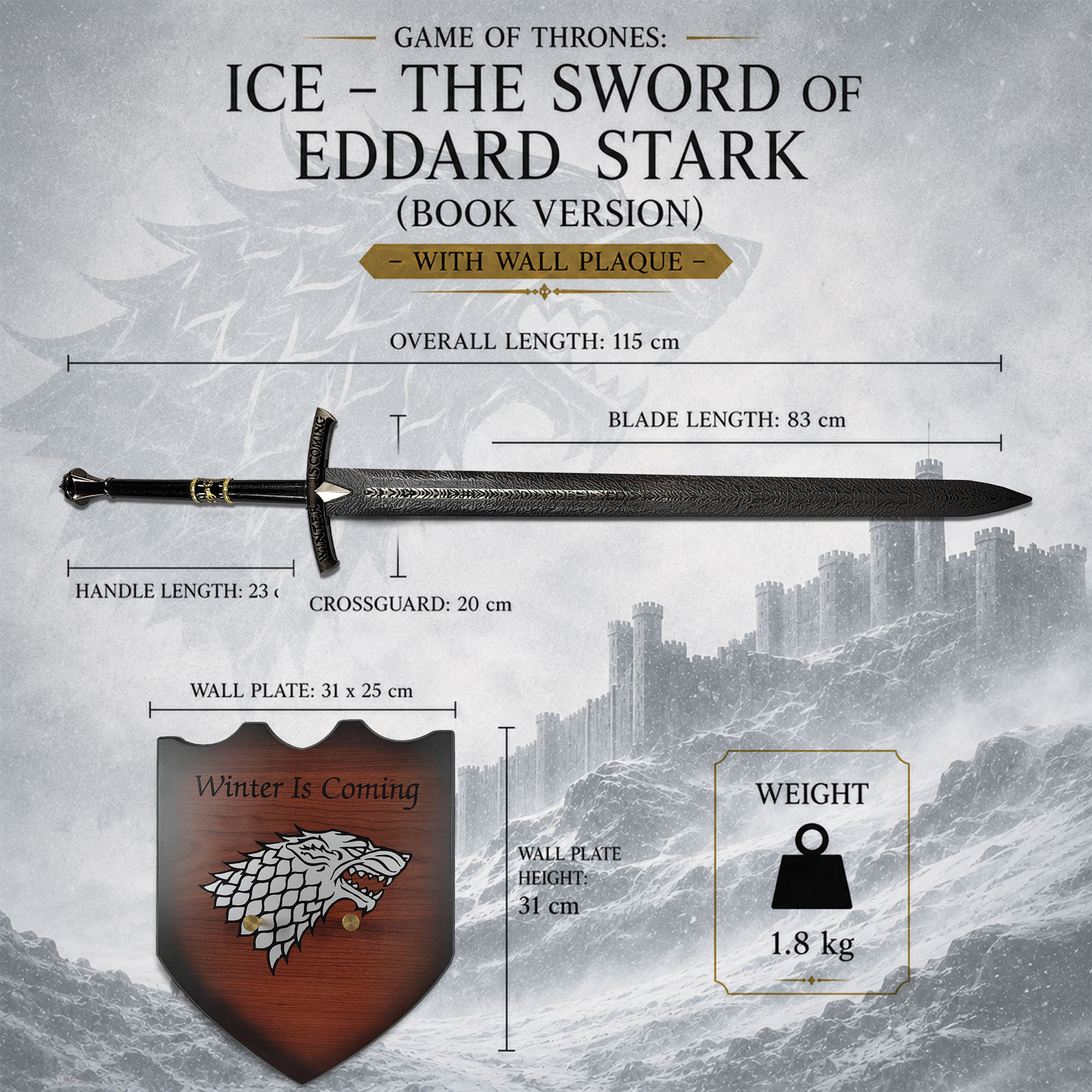 Game of Thrones: Ice – The Sword of Eddard Stark (Book Version) – with Wall Plaque