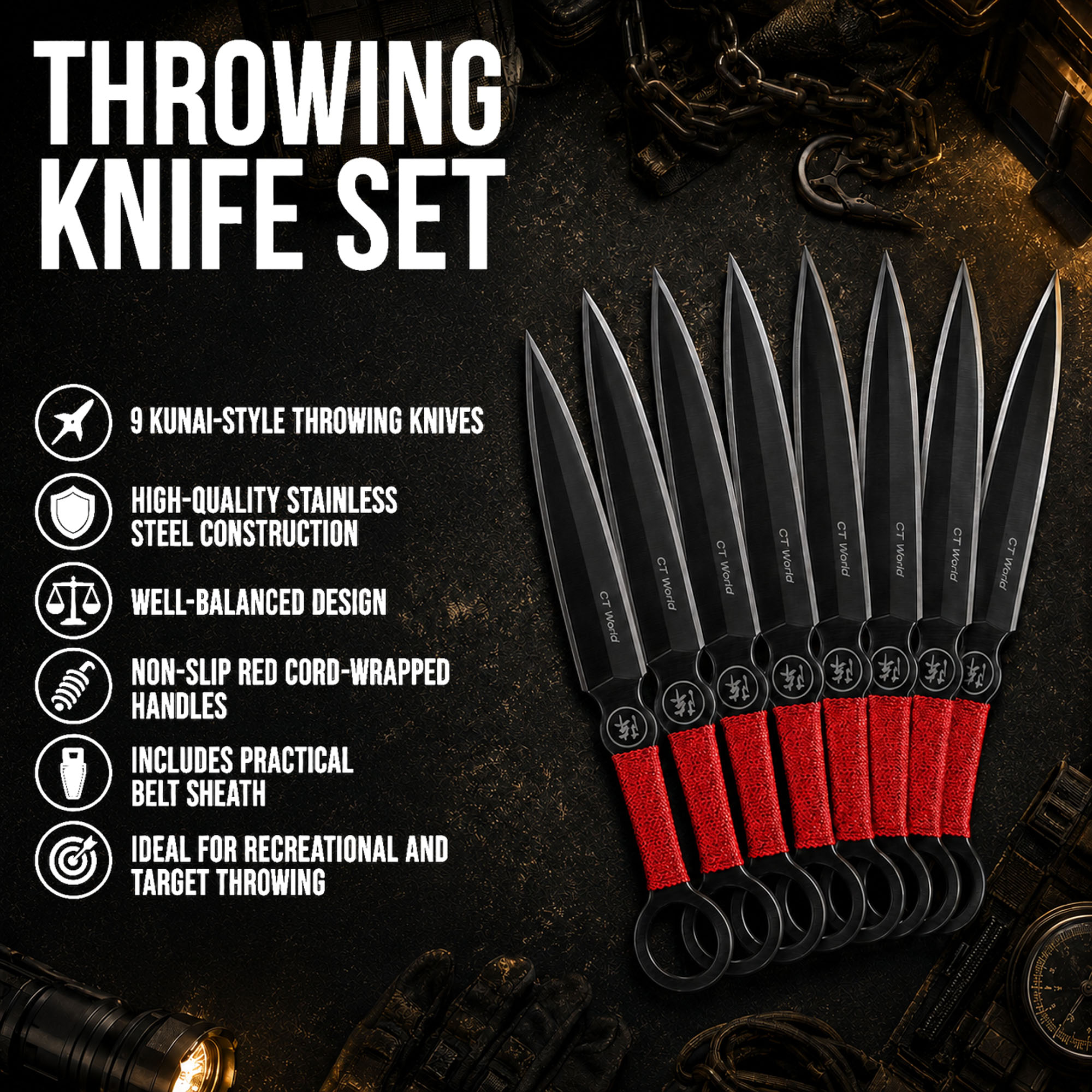Throwing Knife Set with Wooden Target – 9 Piece Set