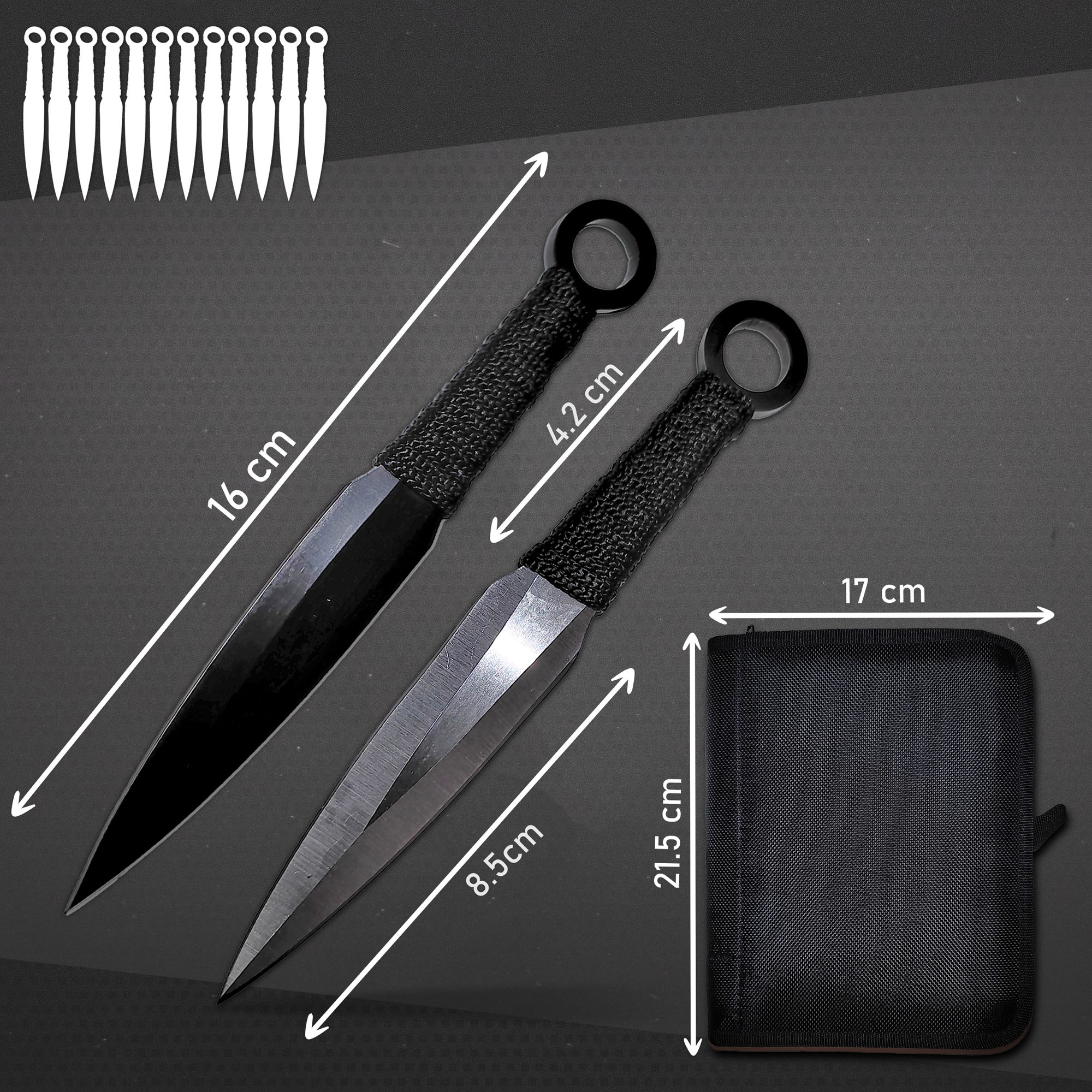 12 Black and Silver Throwing Knives with Sheath, Stainless Steel Kunai