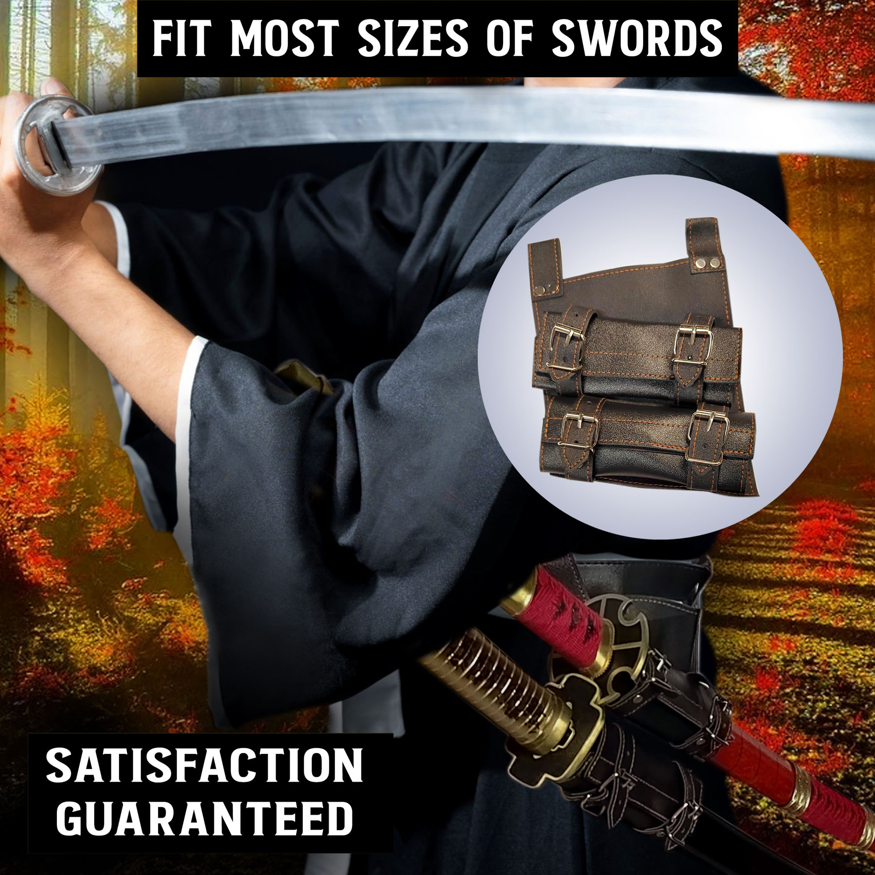 Belt sword holder for 2 swords on the same side, black